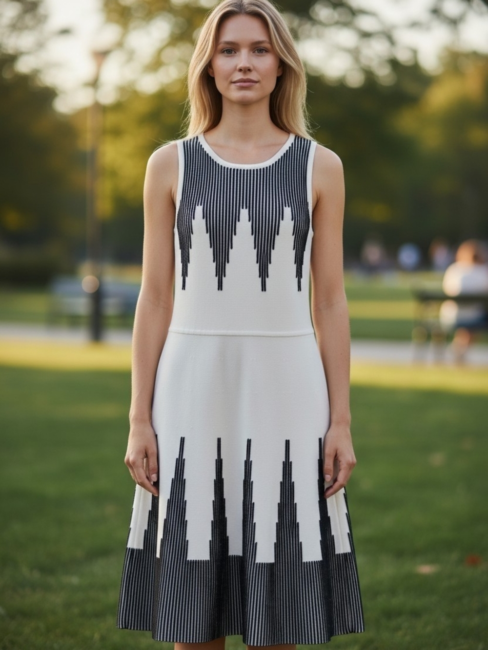 Calvin Klein White Midi Dress with Black Geometric Trim
